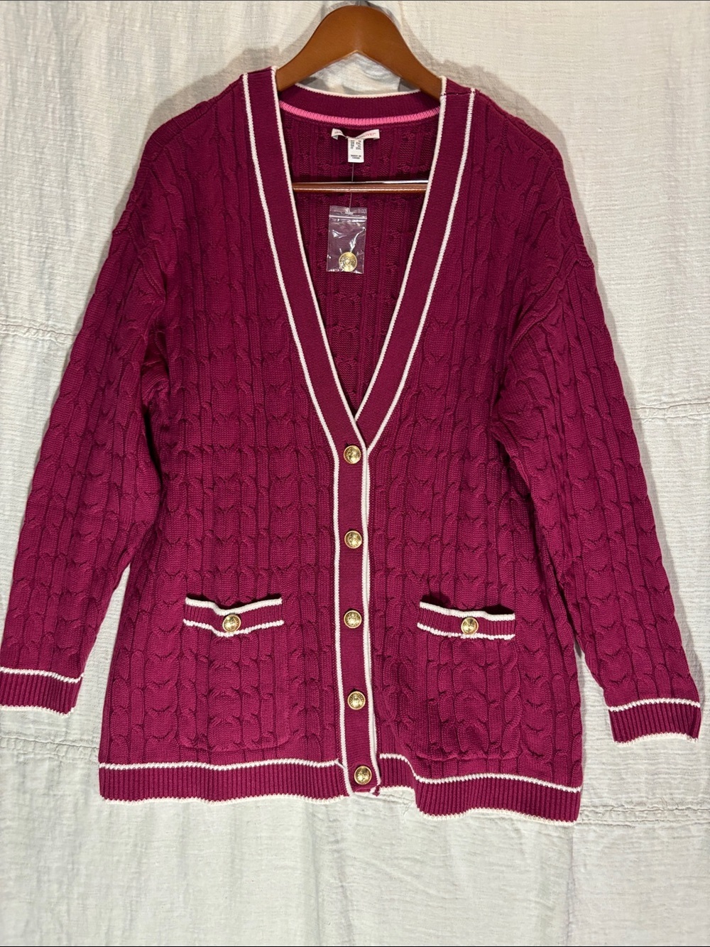 Isaac Mizrahi Fuchsia Cable-Knit Cardigan with White Trim - Picture 4 of 9